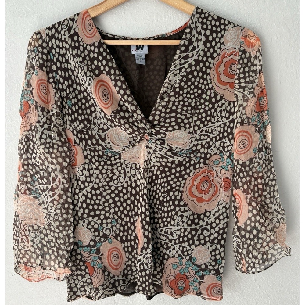 Vintage Y2K Silk Babydoll Floral Sheer Blouse Top Bell Sleeve Fairy Whimsigoth